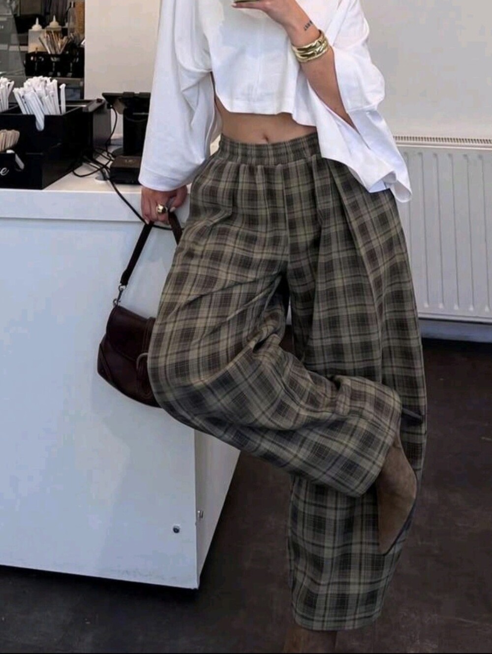 Vintage Plaid Casual Pants, High Waist Elastic Waist Slouchy Casual Pants